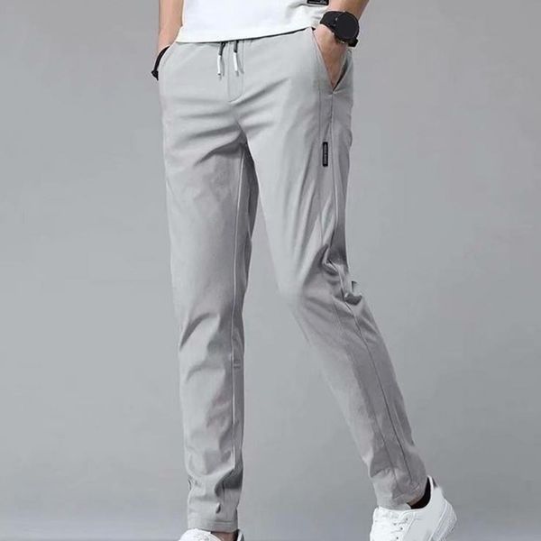 

pants solid color chic drawstring men spring straightleg pants polyester men trouser washable for travel, Black
