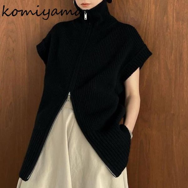 

sweaters komiyama turtleneck zipper design sweaters jackets loose short sleeve sweater women autumn winter warm knitted cardigan mujer, White;black