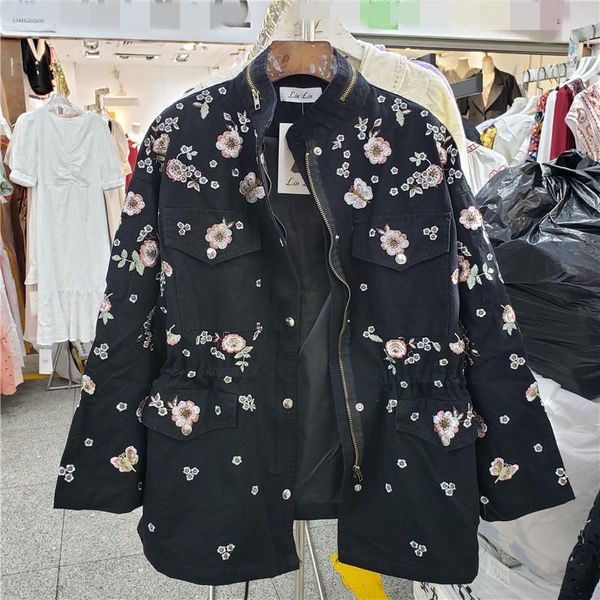 

raincoats korean fashion embroidery flower trench coat women student outwear black white army green mid long drawstring windbreaker female