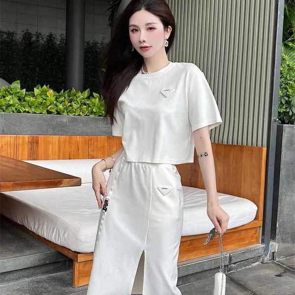 

family spring/summer new casual simple triangle short sleeve t-shirt+split half skirt set, White