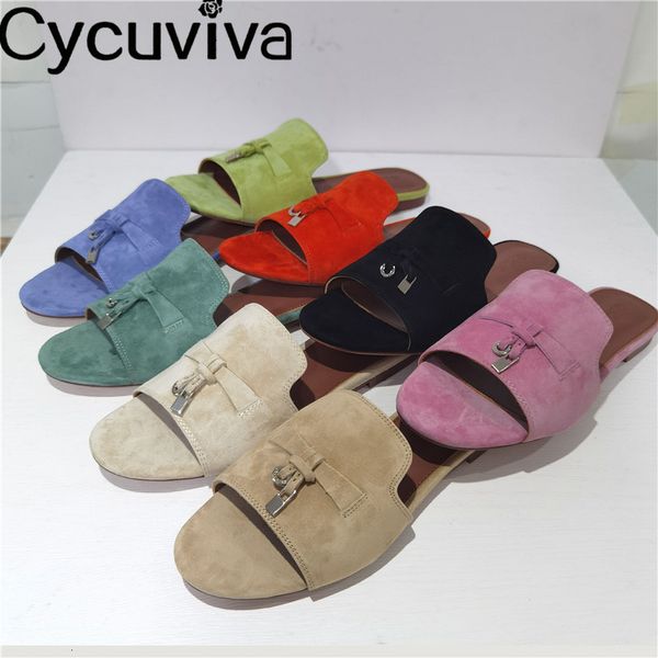 

slippers summer open toe kid suede flat mules loafers women tassel metal lock outdoor leather designer beach shoes 230421, Black
