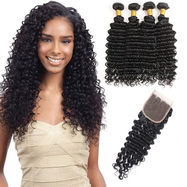 

peruvian human hair 4 bundles with lace closure 4 4 with baby hairs natural color deep wave curly extensions with 4x4 closures214i, Black;brown