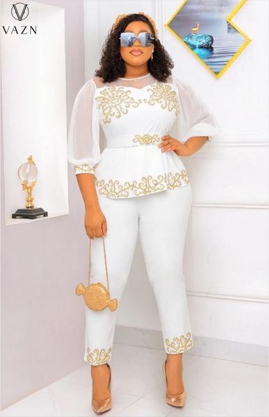 

pants vazn 2022 new women high street style sets half sleeve round neck elastic long pants pure color lady 2 piece set, White