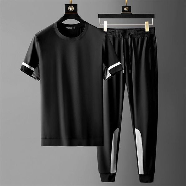 

men's tracksuits summer ice silk tracksuit men casual sports suit t-shirt pants two pieces set quick drying suit breathable sweatpants, Gray