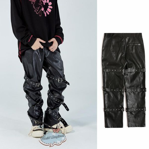 

pants high street strap leather wide leg pants men's black pu leather pants japanese harajuku style trend high street wide leg pants