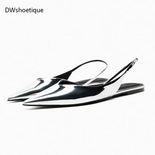 

sandals silver pointed toe women flats casual outside slingbacks 230421, Black