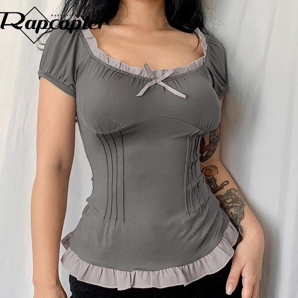 

t-shirt rapcopter y2k trim grey crop bow cute sweet t shirt o neck short sleeve pullovers women korean chic harajuku tee summer new, White