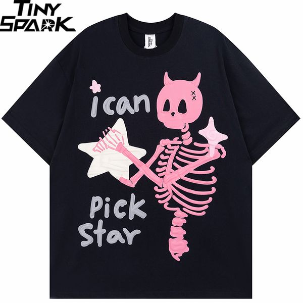 

men s t shirts men streetwear tshirt devil horn skull skeleton stars funny graphic t shirt cotton 2023 harajuku t shirt summer hip hop tee, White;black