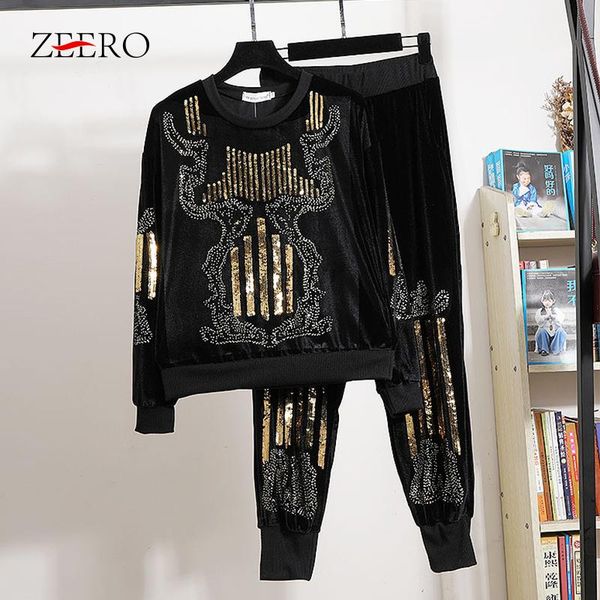 

pants herfst vrouwen pailletten borduurwerk fluwelen trainingspak 2 delige set streetwear losse zwarte trui + broek sets outfits 4xl, White