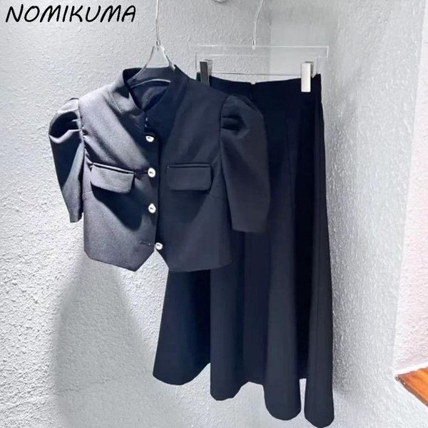

dress nomikuma 2022 summer women sets puff sleeve short blazer coat + high waist causal aline skirt korean fashion two pieces suits, White