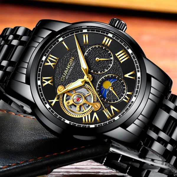 

guanqin brand tourbillon automatic wristwatch luxury men sport stainless steel waterproof mechanical watch relogio masculino2050, Slivery;brown