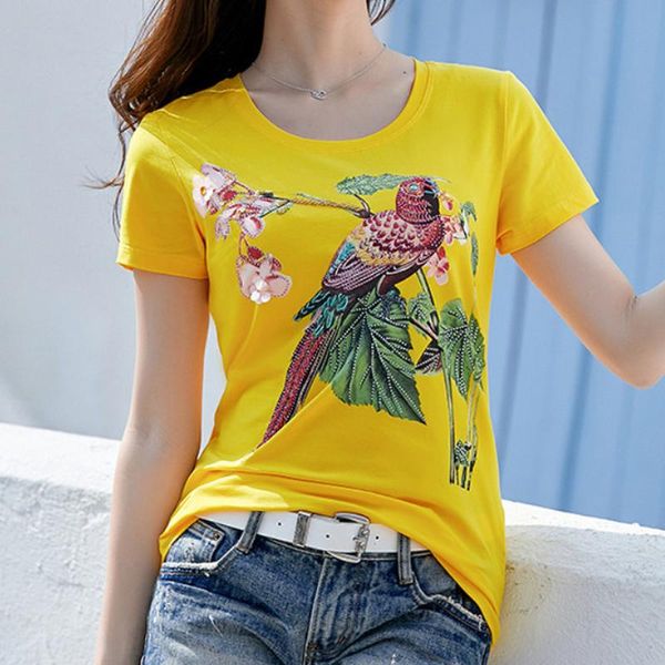 

t-shirt women's bird hand beads rhinestone sequined tshirts female diamond summer beading woman tshirt camisetas mujer clothing, White