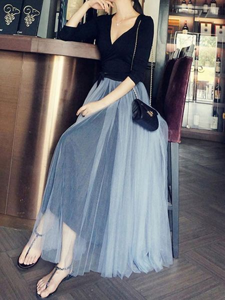 

dresses elegant women pleated long mesh skirt korean clothes summer vintage elastic waist ankle length maxi skirts black white gray, White;black