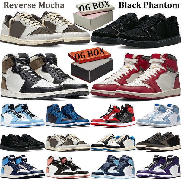

black phantom 1 low og box basketball shoes 1 retro high chicago lost found men women travis scotts 1s lows reverse mocha university blue