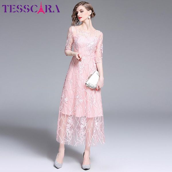 

dresses tesscara women long embroidery pink mesh dress festa female wedding party robe femme designer flower girl vestidos, Black;gray
