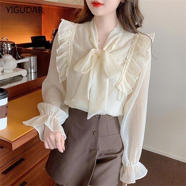 

t-shirt women spring summer style chiffon blouses shirts lady casual long sleeve bow tie collar printed blouses, White