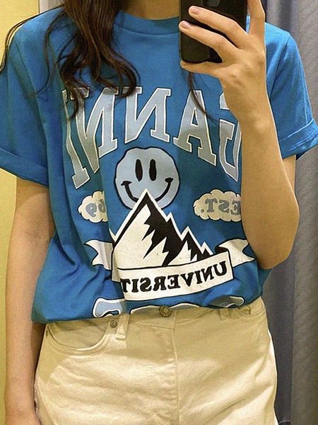 

t-shirt graphic letter print tshirt woman summer round neck cotton tee shirts femme casual vintage tshirt 2022 lady clothes, White