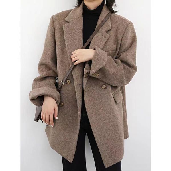 

pants women korea style casual blazer grey solid colors single breasted loose suit woman spring fashion office work long sleeve blazer, White