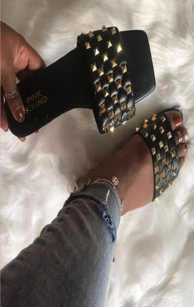 

women rivet slides square toe sandal fashion flat slipper quilted stud leather jelly mules shoes good quality big size gr0072833110, Black