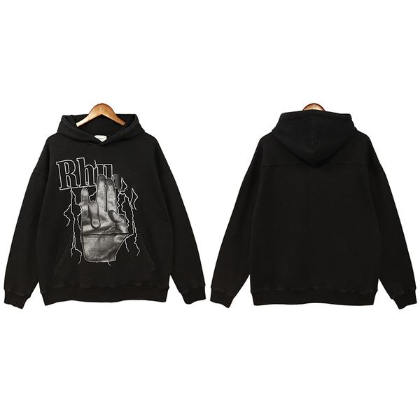 

autumn high street men rhude black wind finger lightning printing washed hoodies
