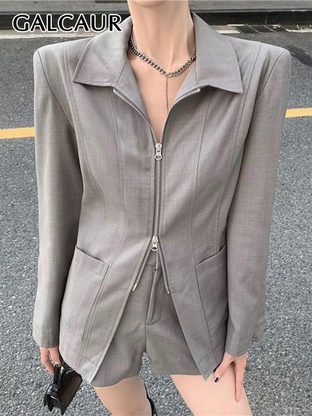 

pants galcaur patchwork zipper straight coats lapel long sleeve casual minimalist blazers female clothes fashion autumn 2022 style new, White
