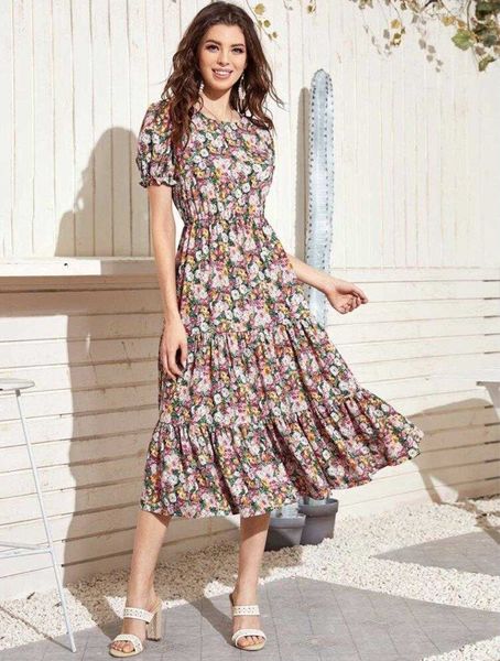 

spring and summer casual dresses round neck flower print short sleeve dress, Black;gray