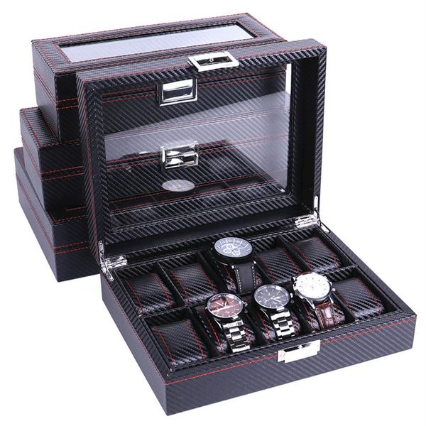 

high carbon fiber 5 6 10 12 grid watch box watch display storage box bracelet display slots case holder storage container290t, Black;blue