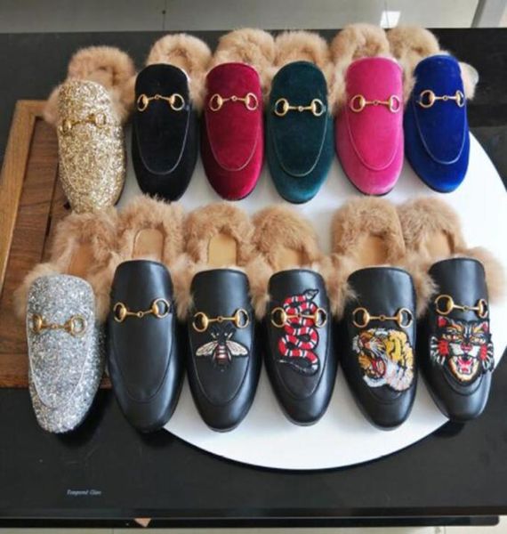 

fall and winter ladies luxury fur mule slippers ladies leather flat suede mule shoes love shoes fashion outdoor slippers7501032, Black