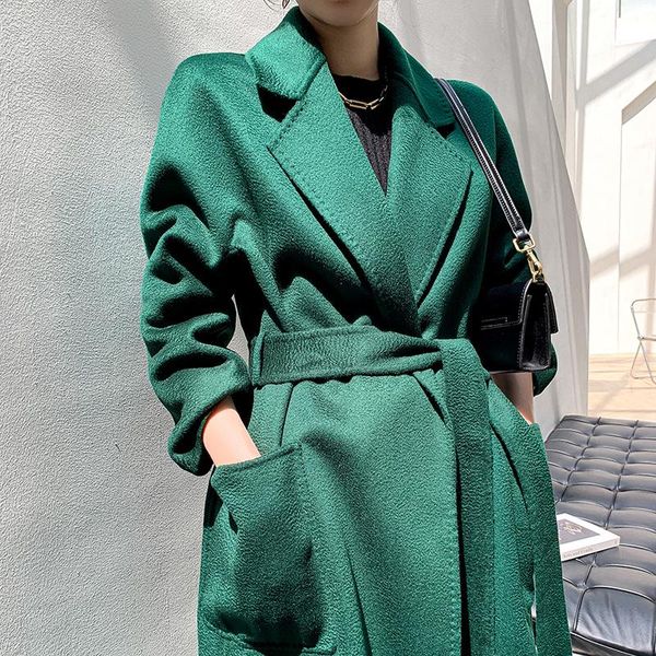 

fur women's water ripple woolen coat 2022 autumn winter doublesided big pocket long cloak solid color windbreaker, Black