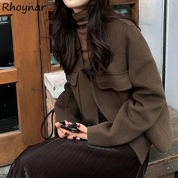 

fur blends women american style design all match vneck woolen outerwear fashion solid elegant street pocket ladies new winter ins, Black