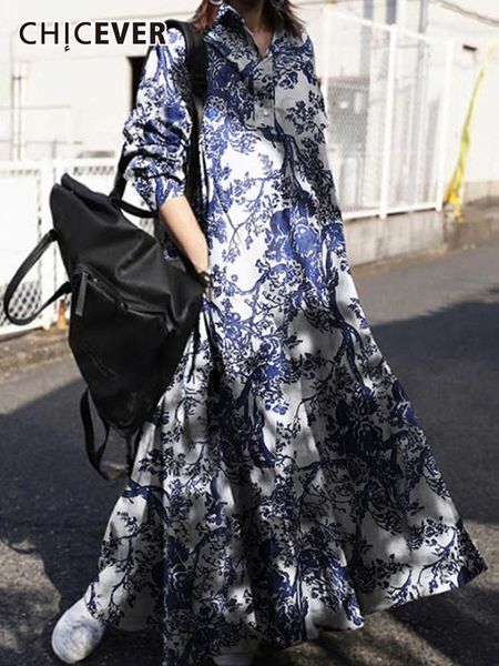 

dresses chicever vintage print dress for women lapel collar long sleeve loose waist oversized casual dresses female 2022 spring clothing, Black;gray