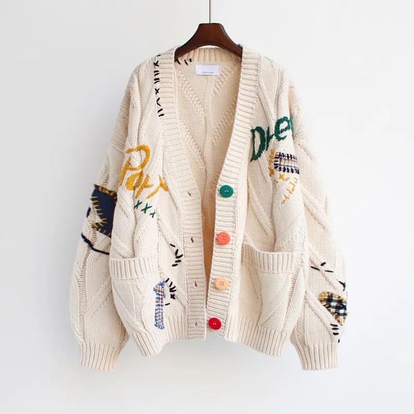 

sweaters autumn winter warm singlebreasted cardigan warm knitted sweater jacket fashion big pocket letter embroidery loose sweaters, White;black