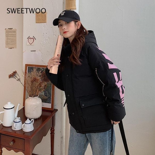 

leather women's thick jacket harajuku printed down jacket new korean style fashion college style fresh casual loose jacket in winter, Black