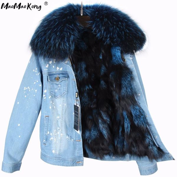 

fur mao kong 2020 real fox fur lining denim jacket coat parkas100% large raccoon fur collar women winter coat jacket denim, Black