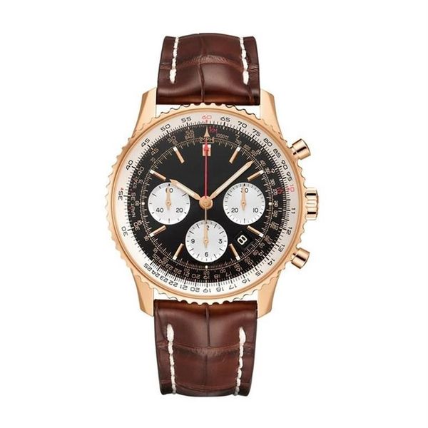 

46mm mens quartz chronograph watch stainless steel leather strap black blue dial satch waterproof306o, Slivery;brown