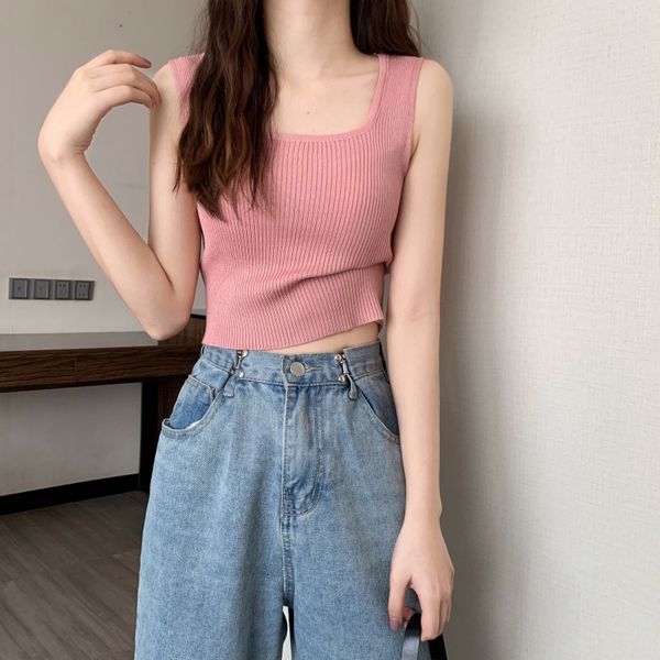 

women's tanks camis 3778 korean style knitted tank women solid color slim elastic cropped short crop sleeveless summer 230422, White