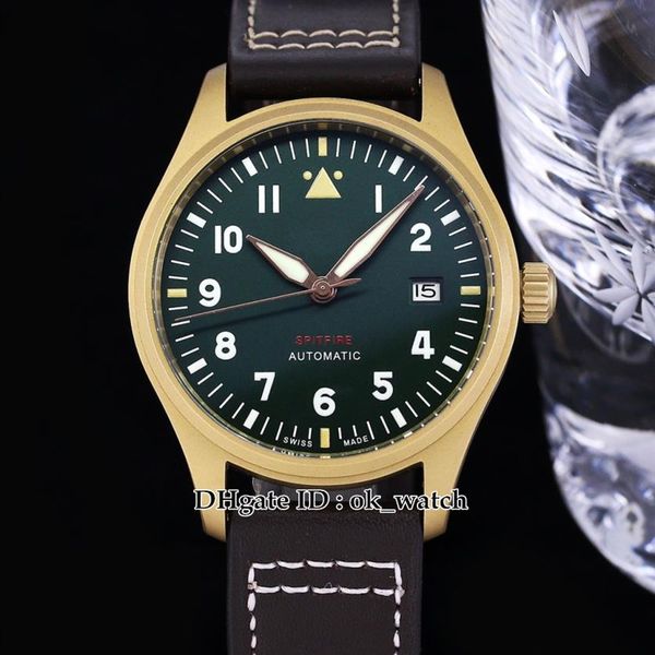 

39mm miyota 9015 automatic mens watch bronze iw326802 olive green dial brown leather gents sport watches314a, Slivery;brown