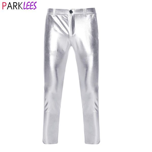 

pants fashion silver coated metallic pants for men 2022 brand pu faux motorcycle pants straight leg trousers nightclub stage costume, Black