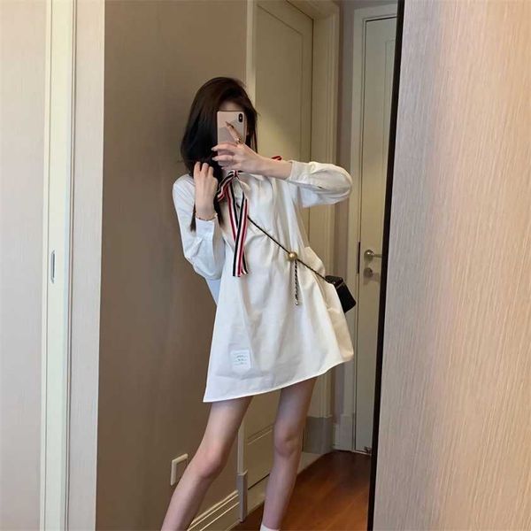 

26% off tb academy stripe ribbon long sleeve polo neck mid length women's hong kong style casual age reducing shirt dress, Black;gray