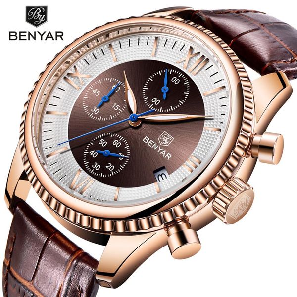 

benyar men's watch fashion sport quartz watch men wristwatch mens clock brand luxury leather watches men relogio masculin2072, Slivery;brown
