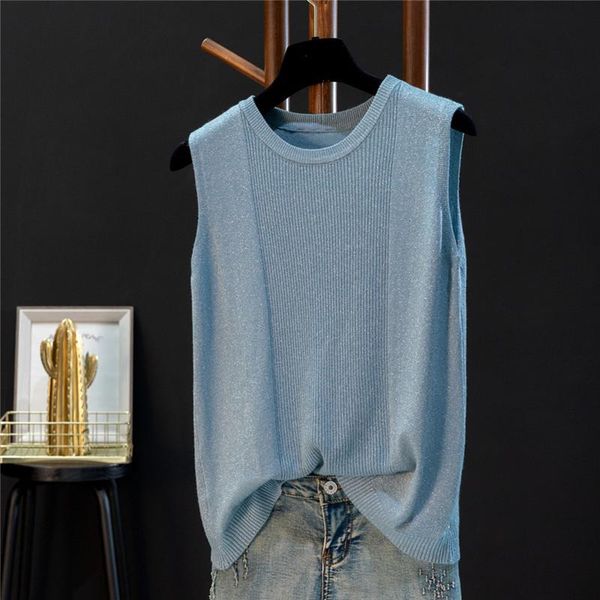 

tanks bright silk glitter knitted tank women loose oneck basic sleeveless 2022 summer, Black;white