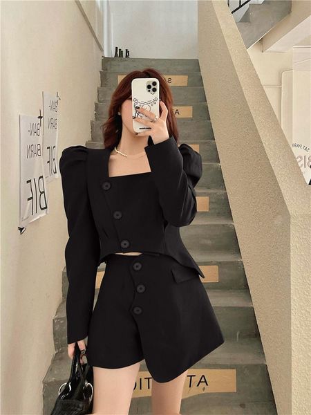 

dress new fall fashion 2 piece sets long sleeve square collar short blazer+irregular mini shorts skirt black grey 2pc suit outfits, White