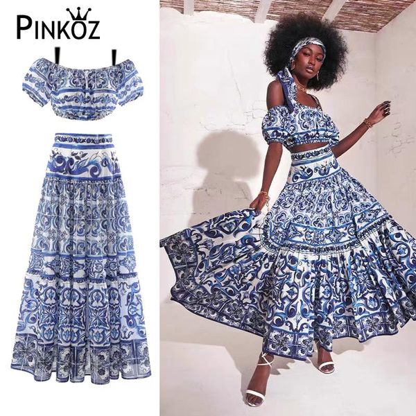 

dress pinkoz 2022 women vacation skirts suit summer short puff sleeve + blue and white porcelain print skirts 2 pieces set femme