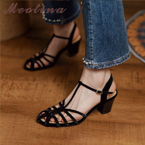 

sandals meotina women gladiator round toe thick high heels ttied buckle narrow band ladies fashion shoes summer green 40 230421, Black