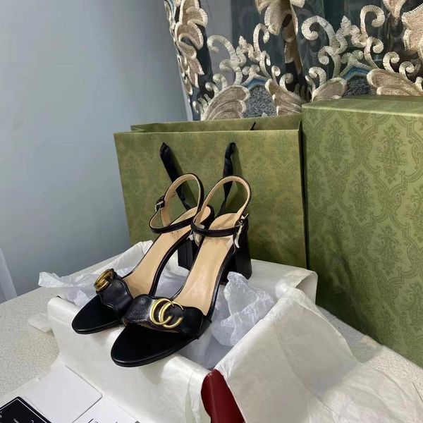 

classic g high heeled sandals party fashion 100% leather women dance shoe designer heels suede lady metal belt buckle thick heel woman shoes, Black