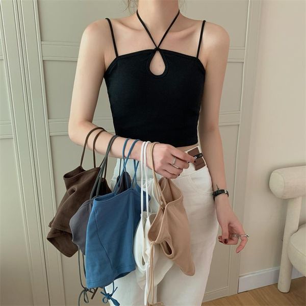 

t-shirt summer hollow halter camis women fashion backless cropped with chest pad woman 2022 new wear inside and outside, White