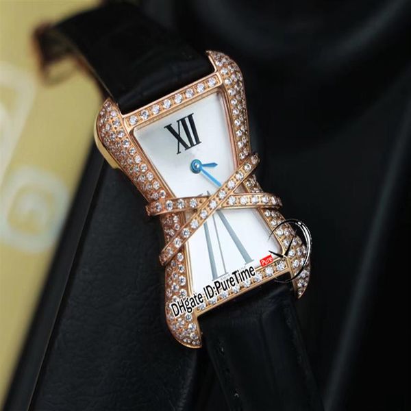 

high jewelry libre wj306014 diamond enlacee swiss quartz ladies womens watch rose gold white mop dial black leather strap puretime303k, Slivery;brown