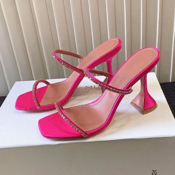 

amina muaddi sandals gilda slipper fushia crystals 95mm strap spool heels heel for slipper women summer luxury designer party banquet dress, Black