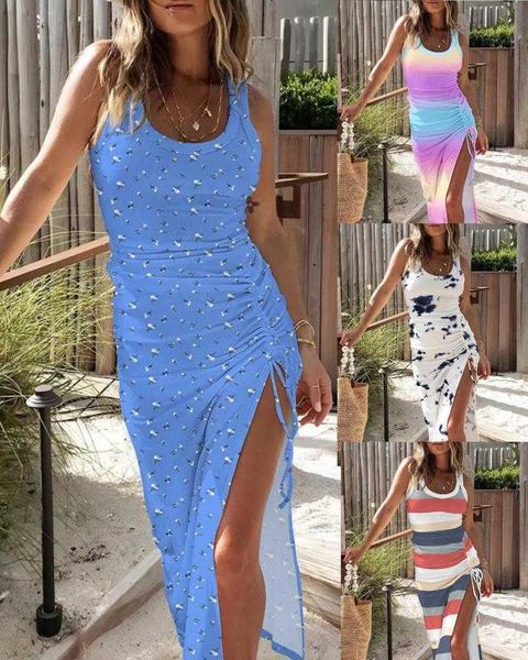 

summer womens fashion printed casual sleeveless split dress, Black;gray