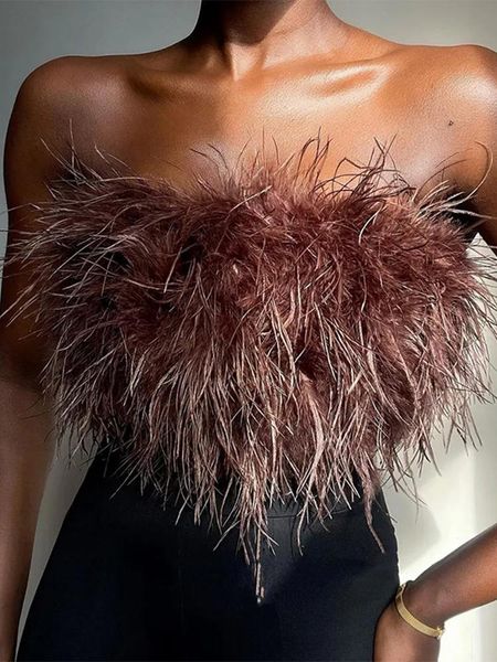 

tanks ostrich feather women crop summer one off shoulder backless sleeveless corset strapless lady crop fashion, Black;white
